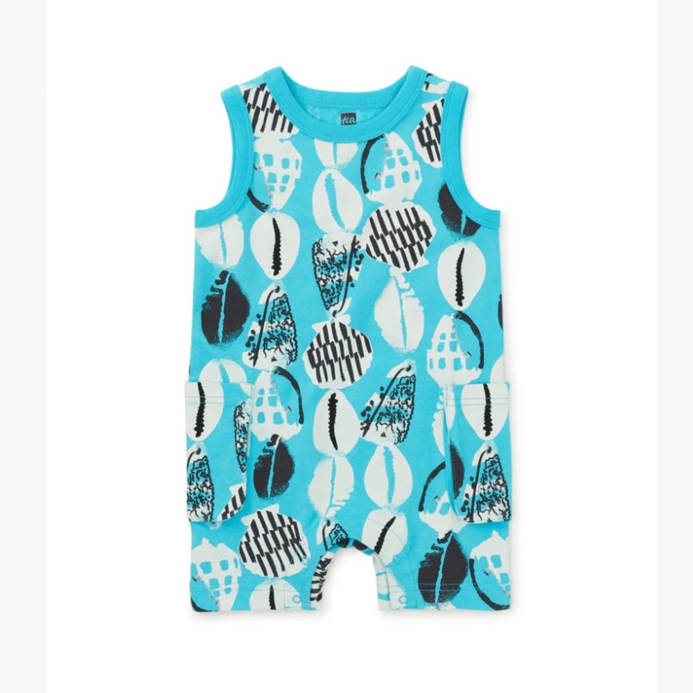 Tea Collection Blue Sleeveless Romper with Block Print